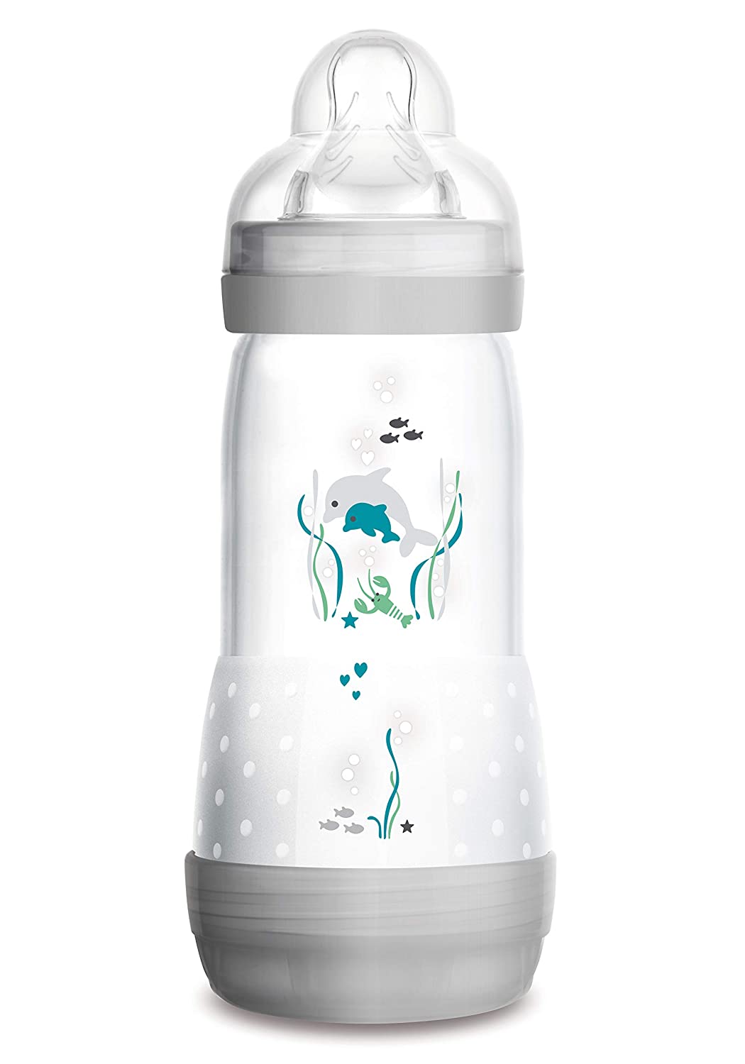MAM Easy Start anti-colic baby bottle (320 ml), milk bottle for combining with breastfeeding, baby drinking bottle with base valve to prevent colic and size 2 teat, 4+ months, dolphin