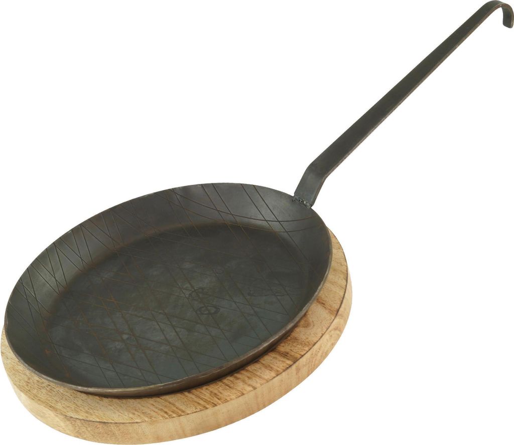 GVKECO Wrought iron frying and serving pan, 1 piece, Ø 24 cm, with hook handle, including serving board.