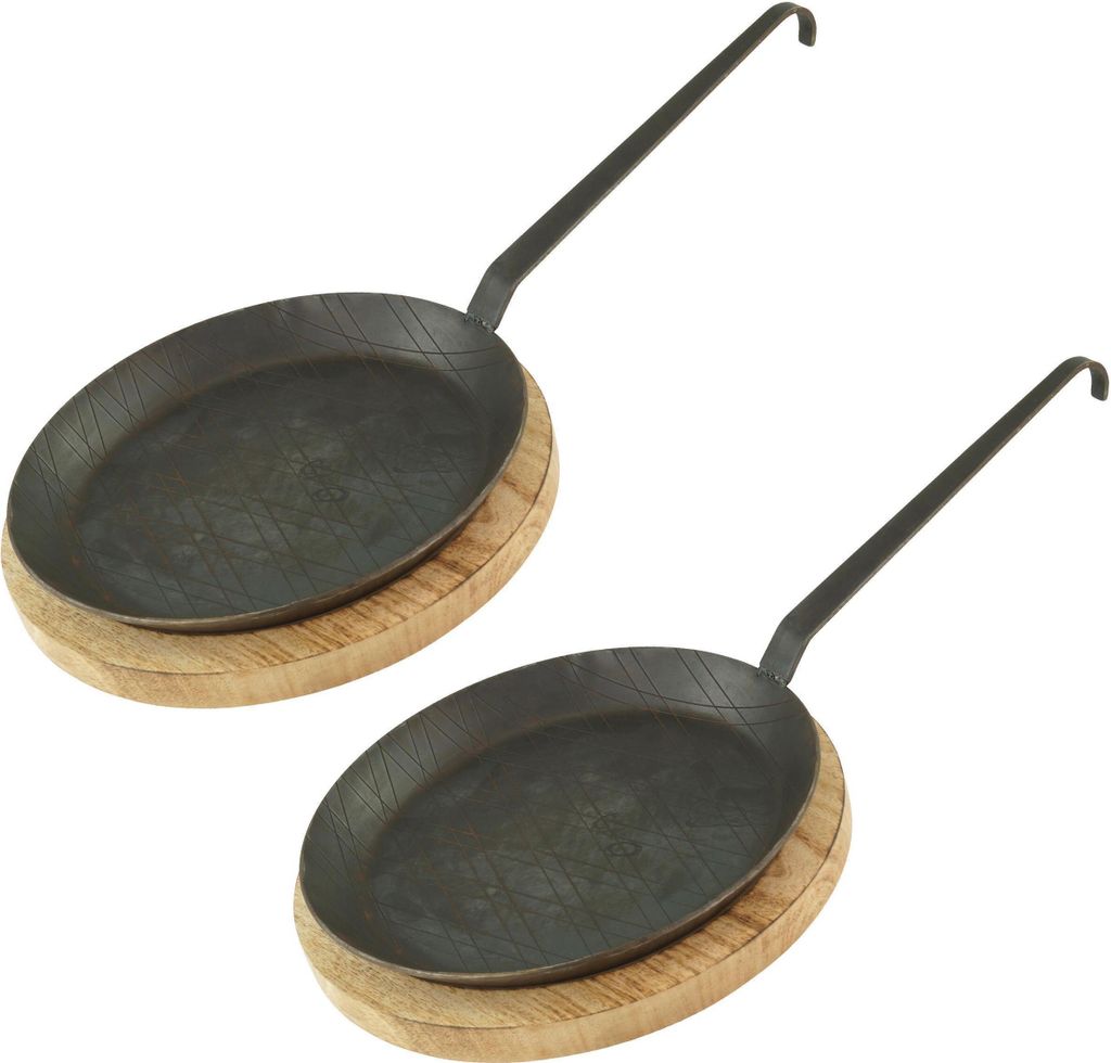 GVKECO 2 wrought iron frying and serving pans, Ø 28 cm, with hook handle, including serving board