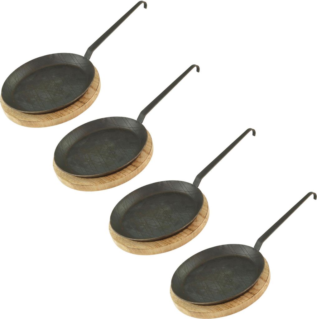 GVKECO Wrought iron frying and serving pan, set of 4, Ø 28 cm, with hook handle, including serving board.