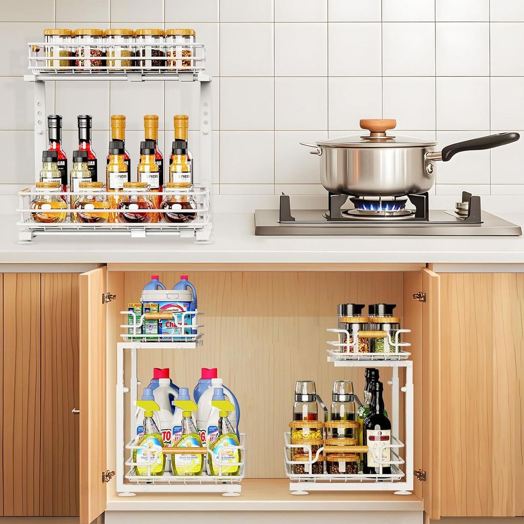 Markenlos Cabinet organizer under sink - 2 levels - height adjustable - white - metal