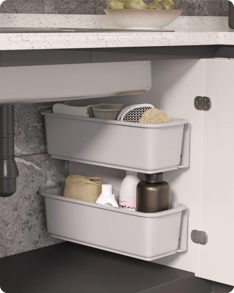 Markenlos Drawer organizer for kitchen or bathroom - Extendable drawer under washbasin - Wall-mounted drawer organizer for herbs and supplies - Grey Gootsteen chest organizer