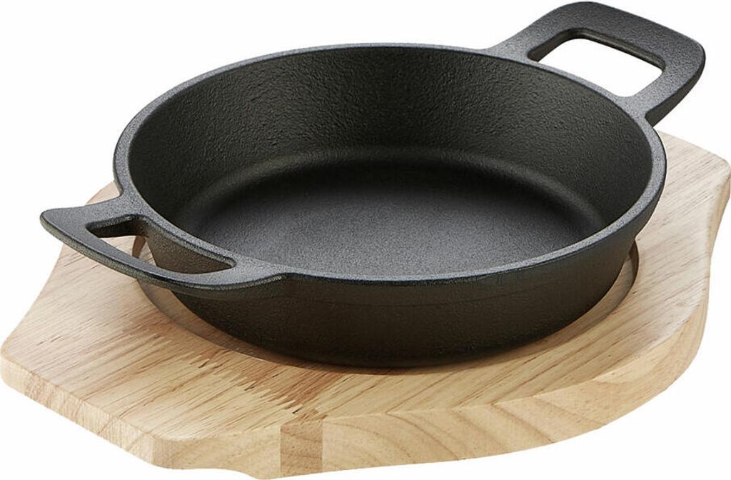 Schulte-Ufer Rustika Mini Serving Pan with Serving Board, Small Pan, Cast Iron, Black, 16 cm, 1686-16 s
