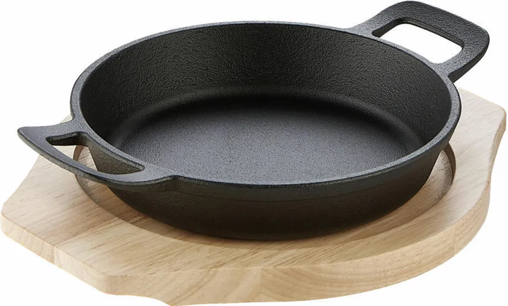 Schulte-Ufer Rustika Mini Serving Pan with Serving Board, Small Pan, Cast Iron, Black, 18 cm, 1686-18 s