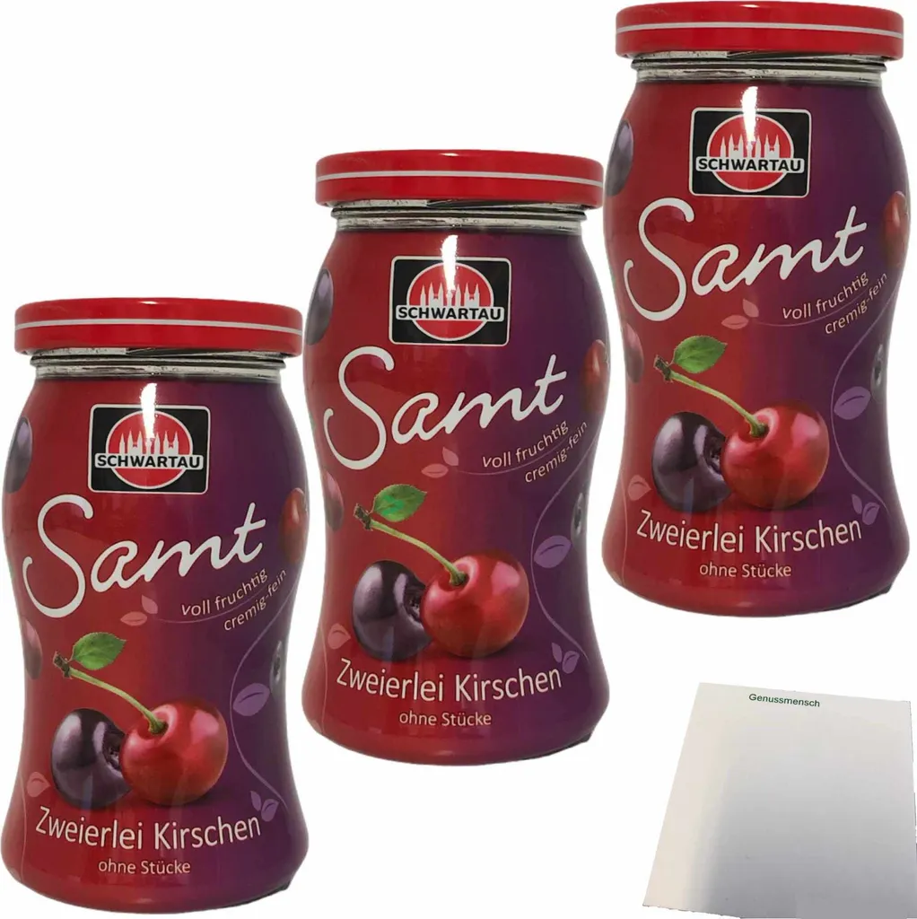 Schwartau Samt two kinds of cherries fruit spread without pieces 3-pack (3x270g jar) + usy block