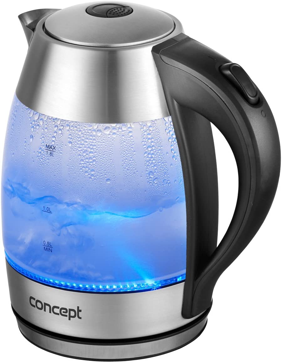 CONCEPT Hausgeräte Concept Household Devices RK4070 Glass Covered Heizelement, Ausgussöffnung Jug Kettle – Stainless Steel, LED Innenbeleuchtung, 240 V, 1.8 Litre, 2200 Watt, Silver