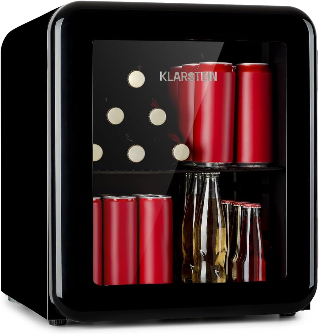 Klarstein PopLife Drink Cooler Mini Bar Retro Fridge 0-10°C Only 39dB 48L Eco Friendly Double Glazed Door Retro Design Black