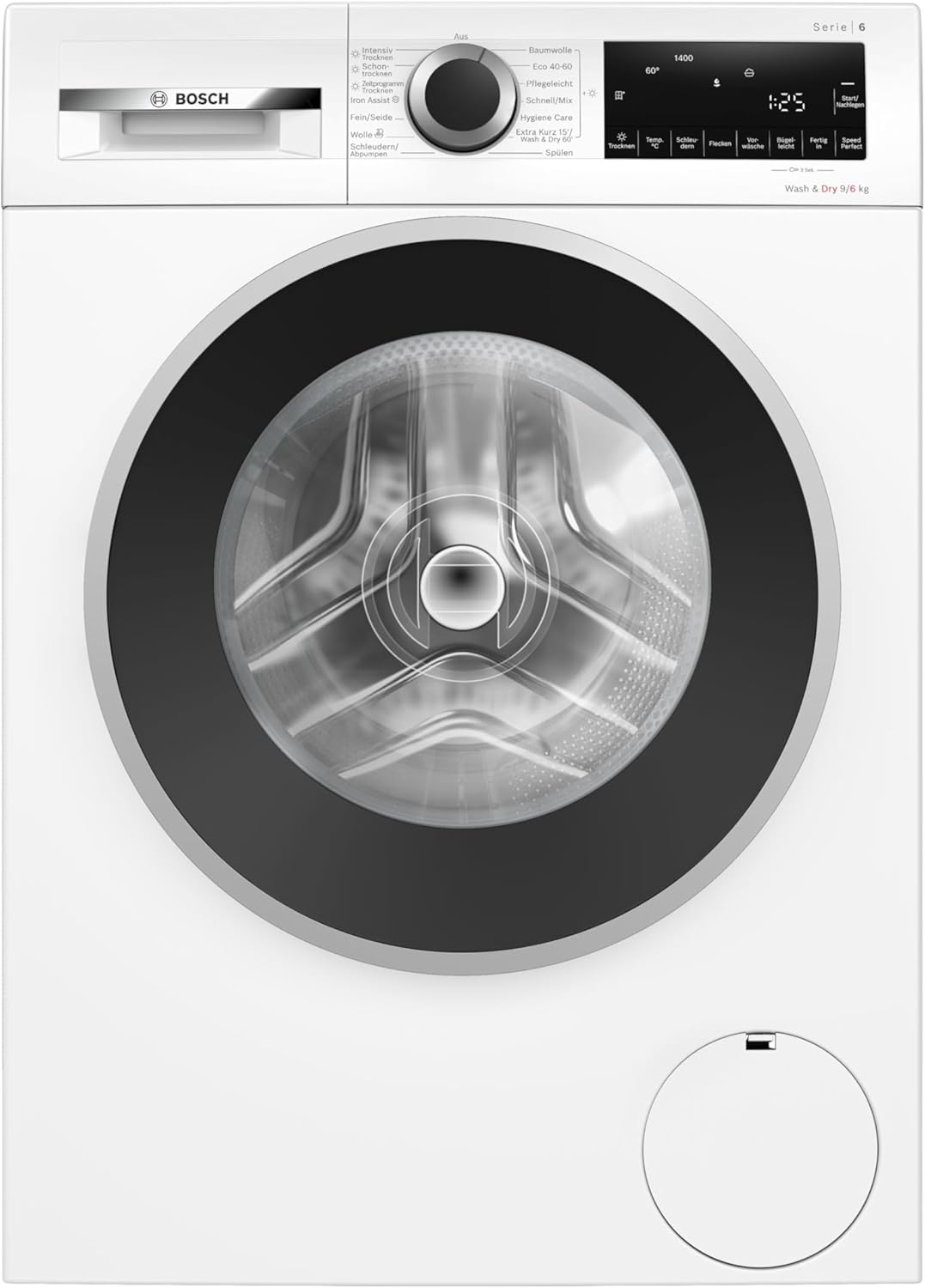 Bosch WNG24442 Washer Dryer Series 6, 6-9 kg Capacity, 1400 rpm, Iron Assist, EcoSilence Drive, AntiVibration Design, Automatic Stain, Wash & Dry 60 Inch, Hygienecare, Steam Smoothing, White
