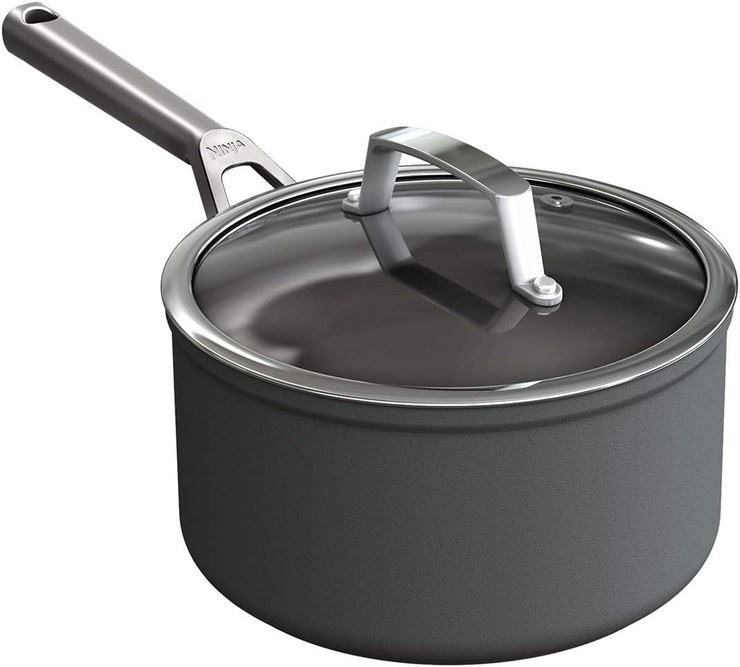 Ninja Foodi ZEROSTICK 20 cm Cooking Pot with Glass Lid, Durable, Non-Stick Coating, Hard Anodized Aluminum, Suitable for Induction Cookers, Oven and Dishwasher Safe, Stainless Steel Handle, Grey,