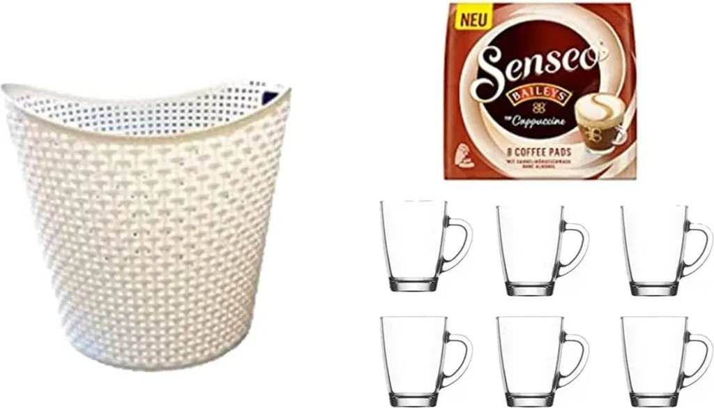 WAK INNOVATION Senseo Cappuccino Baileys 8 pods suitable for Senseo and other coffee machines. Special offer: 6 coffee mugs with handles plus a laundry basket (rattan design, 27 liters) with Senseo coffee pods. 27000 ml
