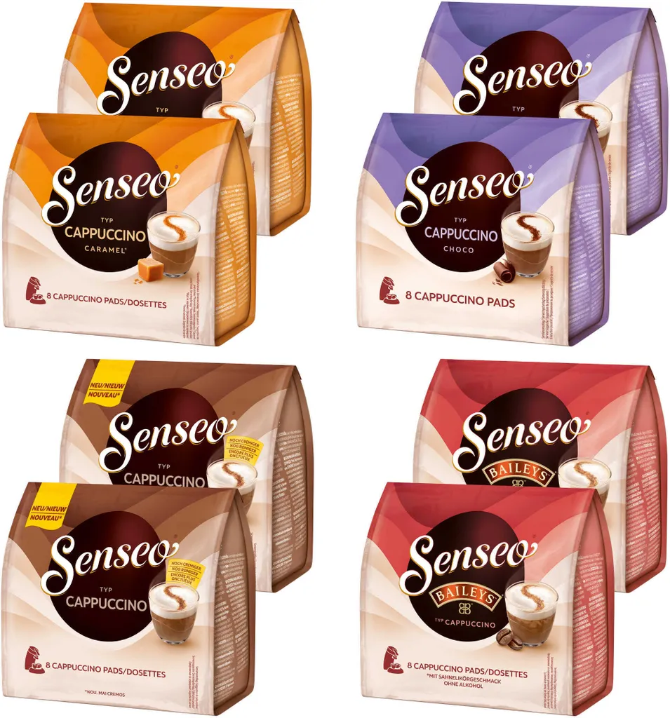 SENSEO Pads Cappuccino Choco Caramel Baileys Variety Pack 4 Flavors 64 Drinks 736g