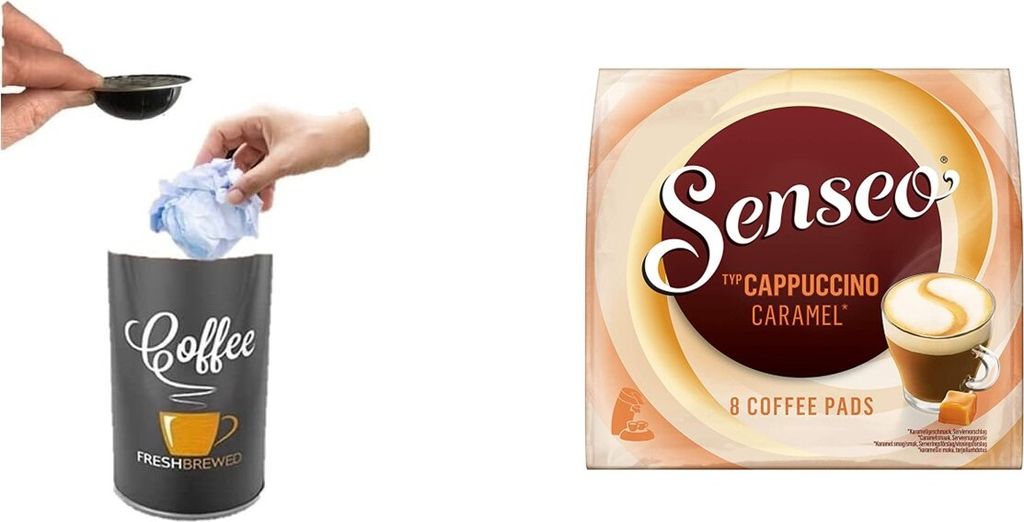 WAK INNOVATION Senseo® coffee pod, CAPPUCCINO CARAMEL, harmonious, caffeinated + Table waste bin without lid, Ø 8.5 x 9 cm, 0.5 liter table waste bin 2500 ml