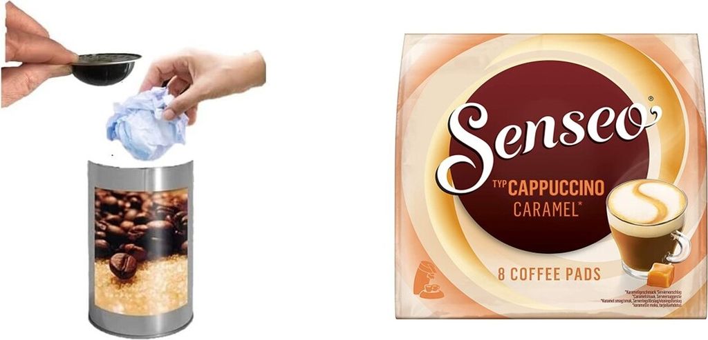 WAK INNOVATION Senseo® coffee pod, CAPPUCCINO CARAMEL, harmonious, caffeinated + Table waste bin without lid, Ø 8.5 x 9 cm, 0.5 liter table waste bin 2500 ml