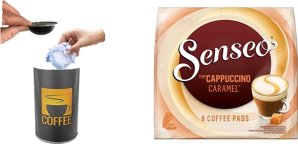 WAK INNOVATION Senseo® coffee pod, CAPPUCCINO CARAMEL, harmonious, caffeinated + Table waste bin without lid, Ø 8.5 x 9 cm, 0.5 liter table waste bin 2500 ml