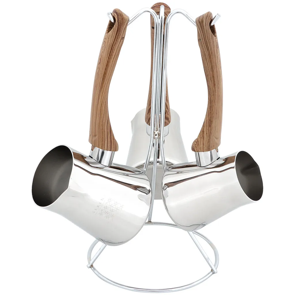 Serenk Definition Turkish Coffee Pot Set, Stainless Steel Mocha Pot, Cezve for Traditional Coffee Enjoyment, 4-Piece Mocha Pot Set, 2-3-4 Cups, 1 Stand, Turkey