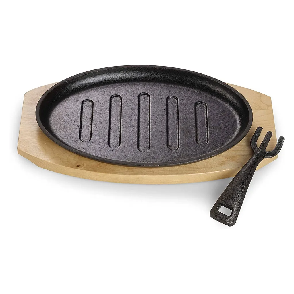 ECHTWERK Cast iron serving pan with grill lines and serving board, serving tin, removable handle, pre-seasoned, suitable for ovens, grills, BBQs and induction hobs, Ø 26 x 16.7 cm