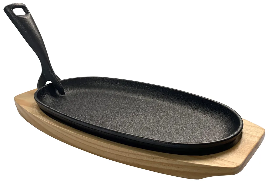 qteck GmbH Serving pan made of solid cast iron, 24x14 cm, outdoor pan with wooden base and removable handle