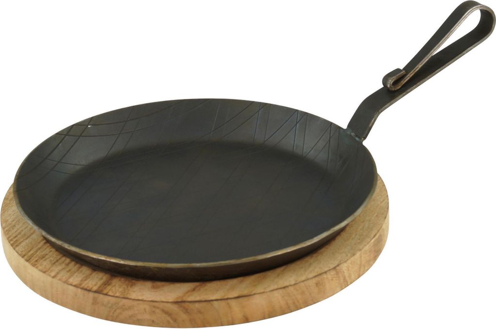 GVKECO Serving pan made of wrought iron with curved hook handle Ø 24 cm, 1 piece including board