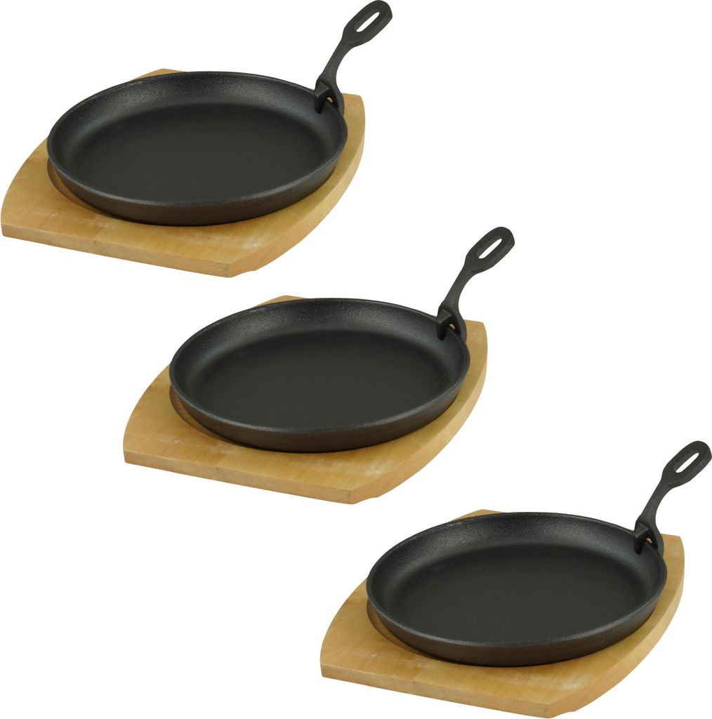 GVKECO Serving pan with wooden trivet Ø 22cm, cast iron, 3 pieces per set
