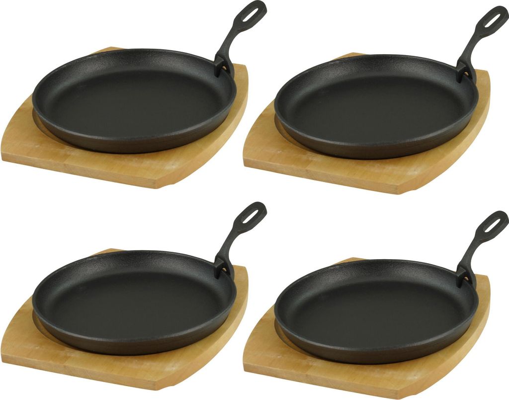 GVKECO Serving pan with wooden trivet Ø 22cm, cast iron, set of 4
