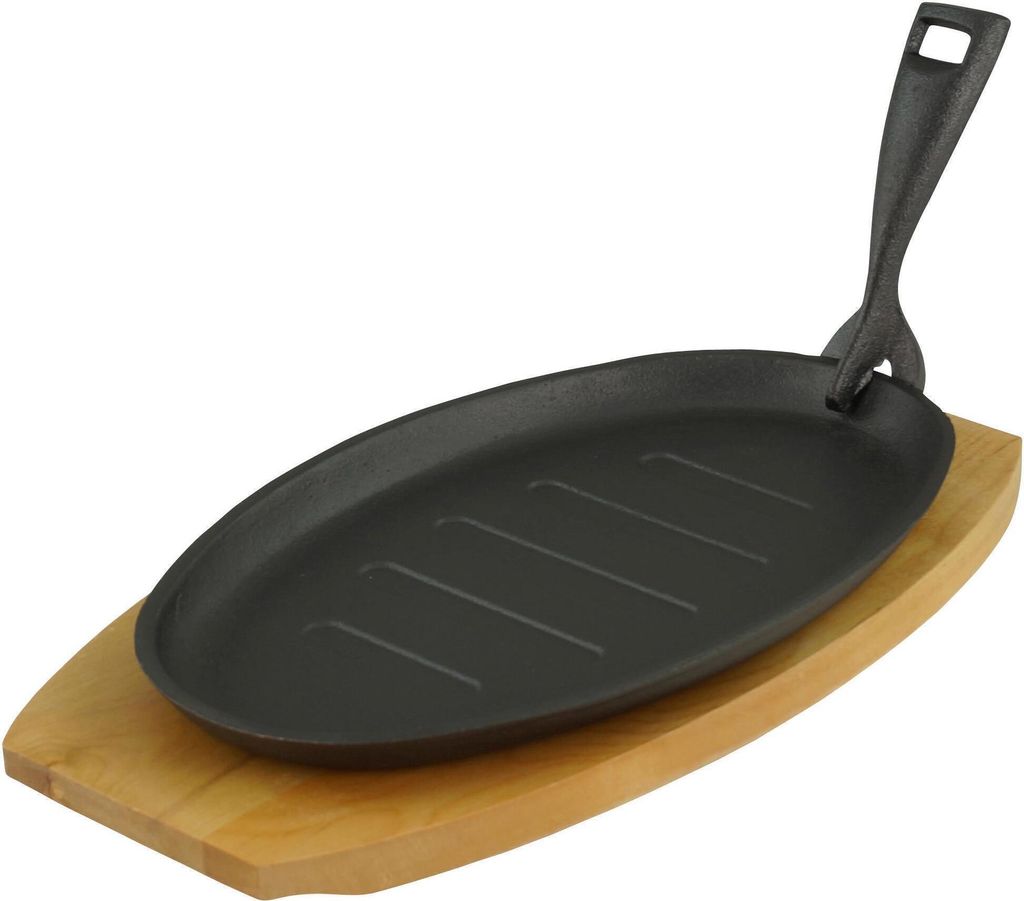GVKECO Oval serving pan with serving board, 27.5 x 17.5 x 2 cm, cast iron, 1 piece per set