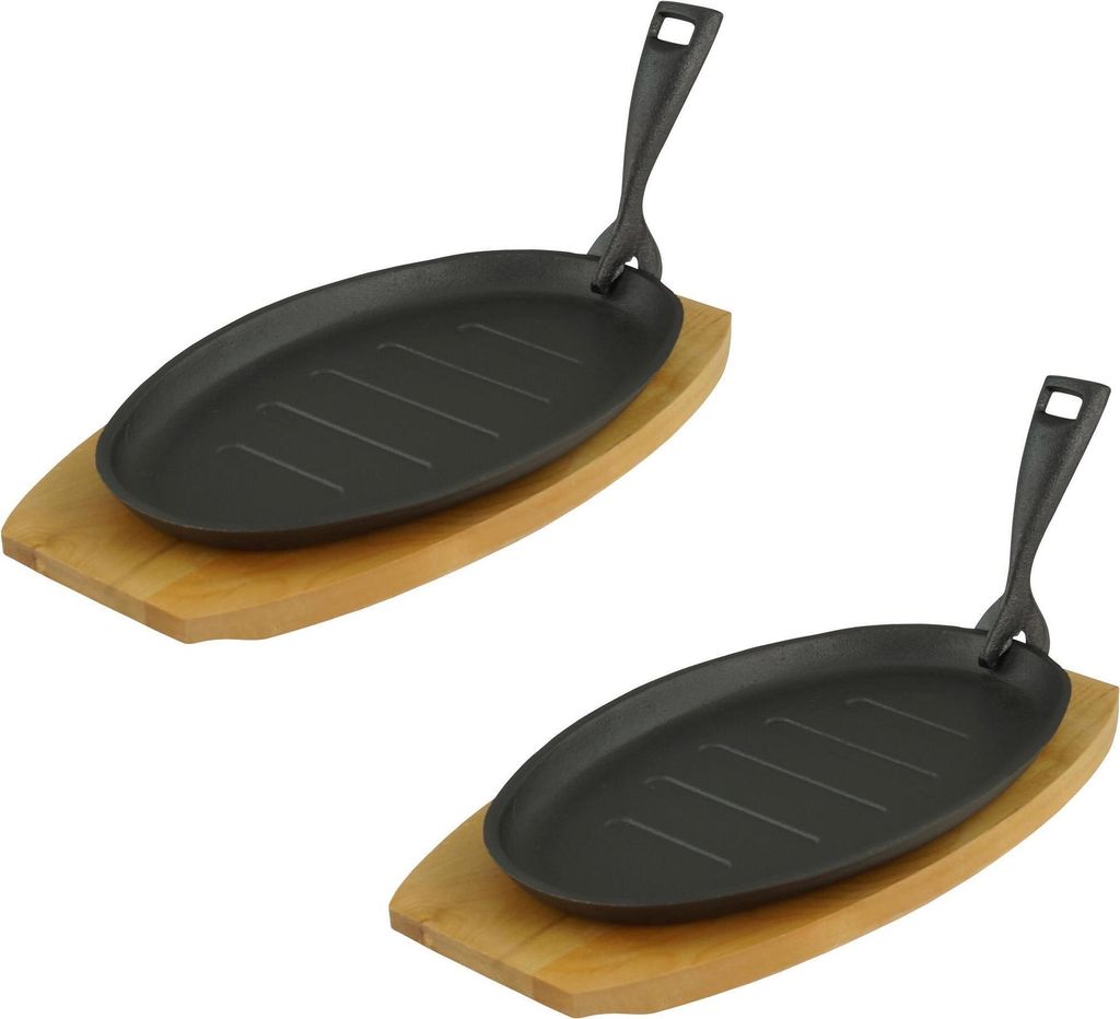 GVKECO Oval serving pan with serving board, 27.5 x 17.5 x 2 cm, cast iron, set of 2