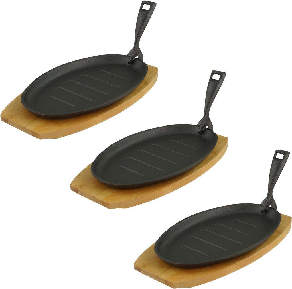 GVKECO Oval serving pan with serving board, 27.5 x 17.5 x 2 cm, cast iron, set of 3