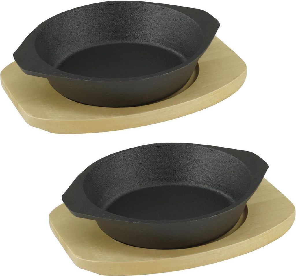 GVKECO Cast iron serving pan Ø 19 cm with wooden trivet, set of 2