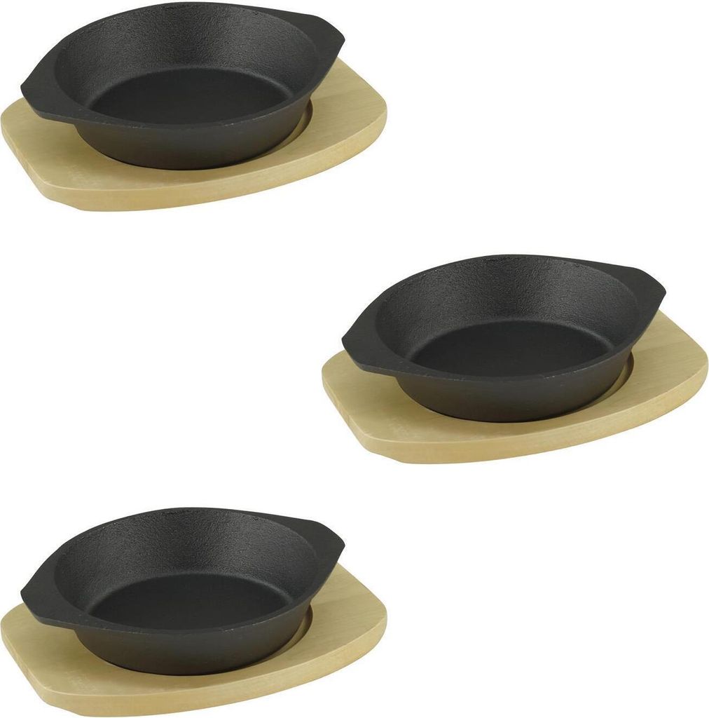 GVKECO Cast iron serving pan Ø 19 cm with wooden trivet, set of 3