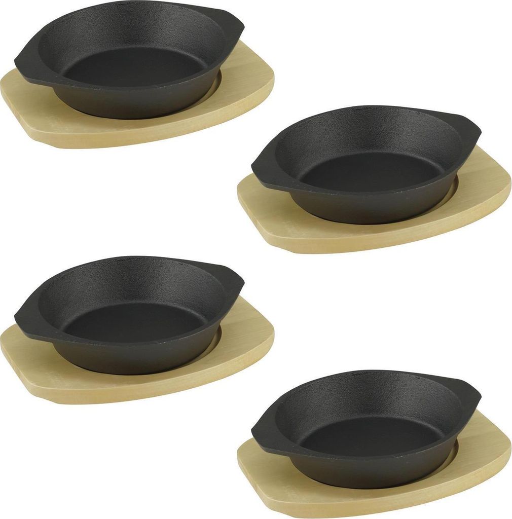 GVKECO Cast iron serving pan Ø 19 cm with wooden trivet, set of 4