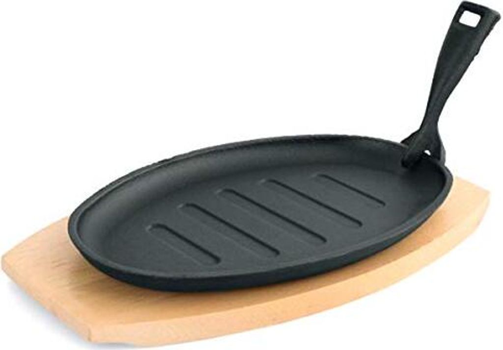 TAMLED Oval cast iron serving pan with wooden trivet and handle