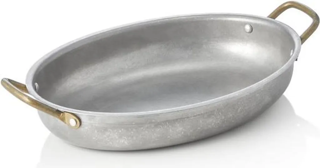 WAS GERMANY Serving pan STEEL & STYLE VINTAGE, with 2 brass handles, 26 x 20 x 4 cm, 1 liter, chrome-nickel steel
