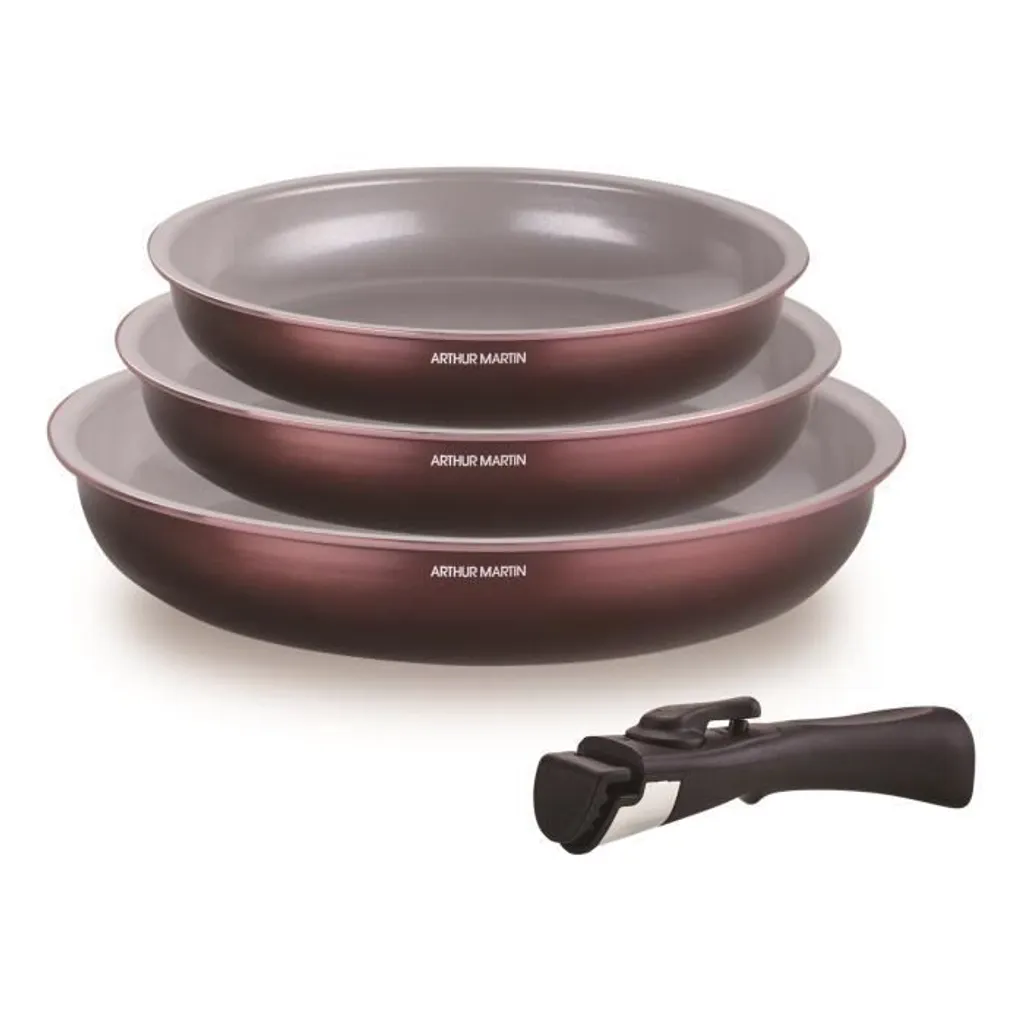 Set of 3 frying pans – ARTHUR MARTIN – AM8866 – Suitable for all hob types including induction – 20/24/28 cm + 1 handle – Aluminum – Ceramic coating