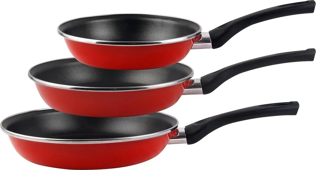 Markenlos Set of 3 frying pans - non-stick - red - glazed steel