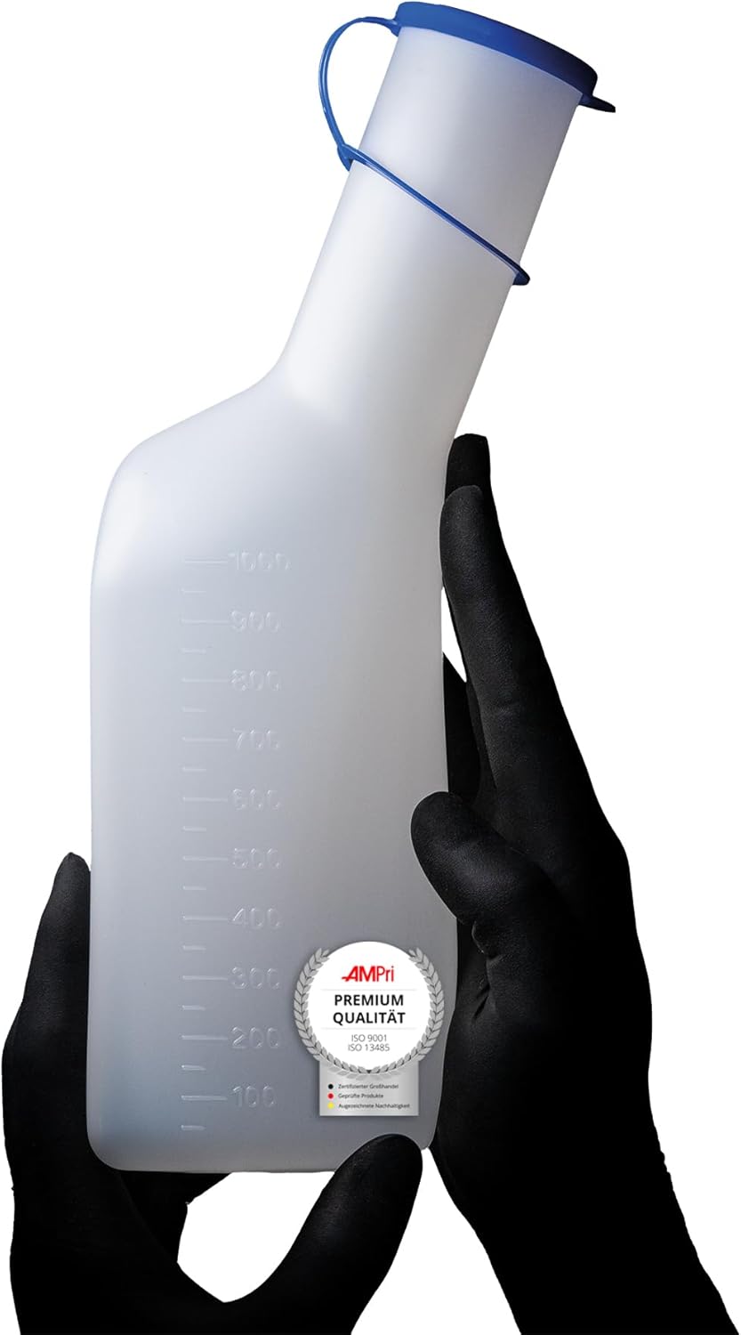 AMPRI Store Urine Bottle for Men, 1000 ml, Square, Milky Color with Blue Closure, Disinfectable and Heat Resistant Urine Collection Container for Men