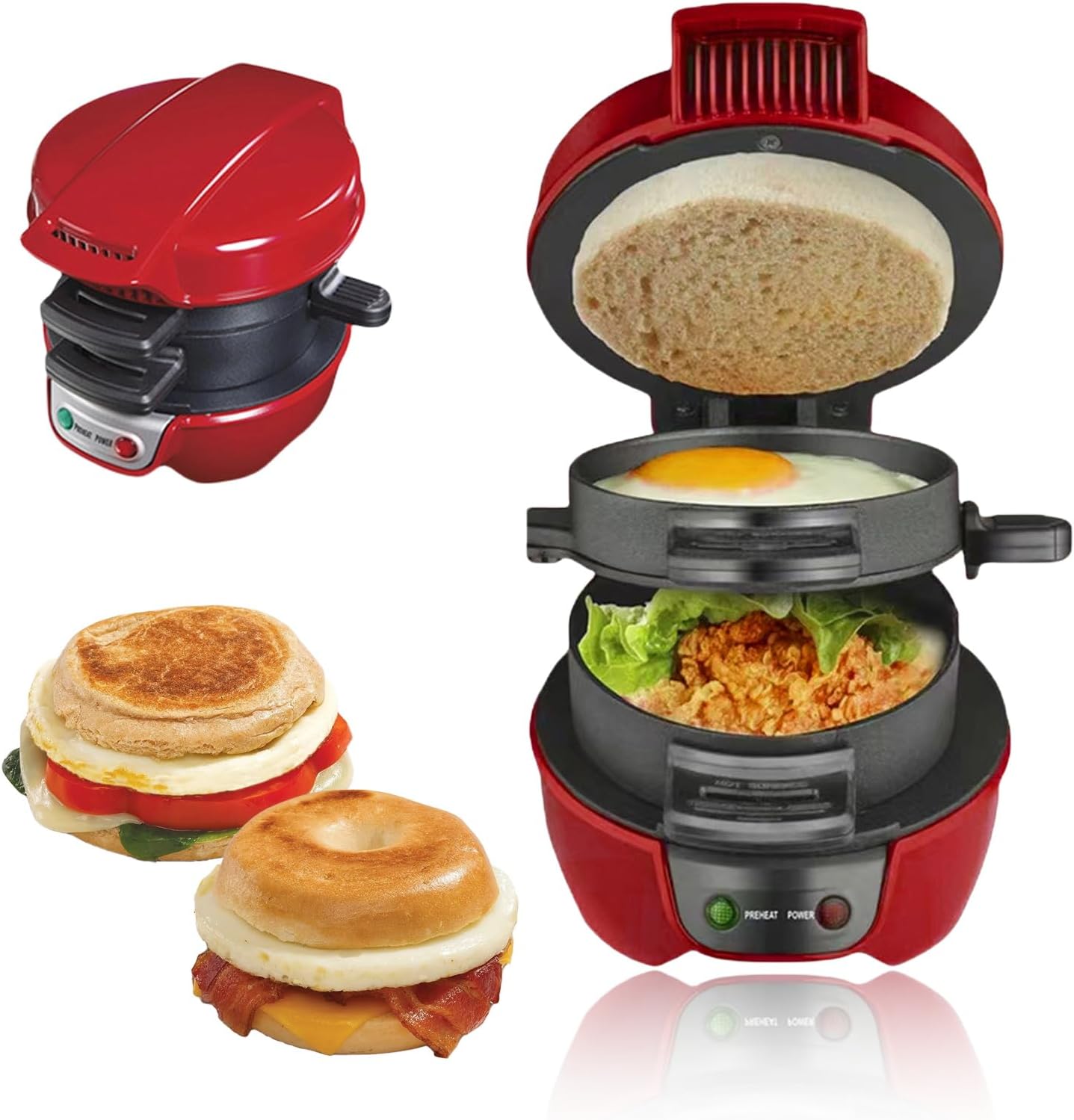 LAIKAIEU Electric Sandwich Toaster Burger Maker, Muffin Maker & Grilled Sandwich Maker, with Omelette Ring, Hotplates with Non-Stick, Perfect for Hamburgers, Snacks, Quick Breakfast (Red)