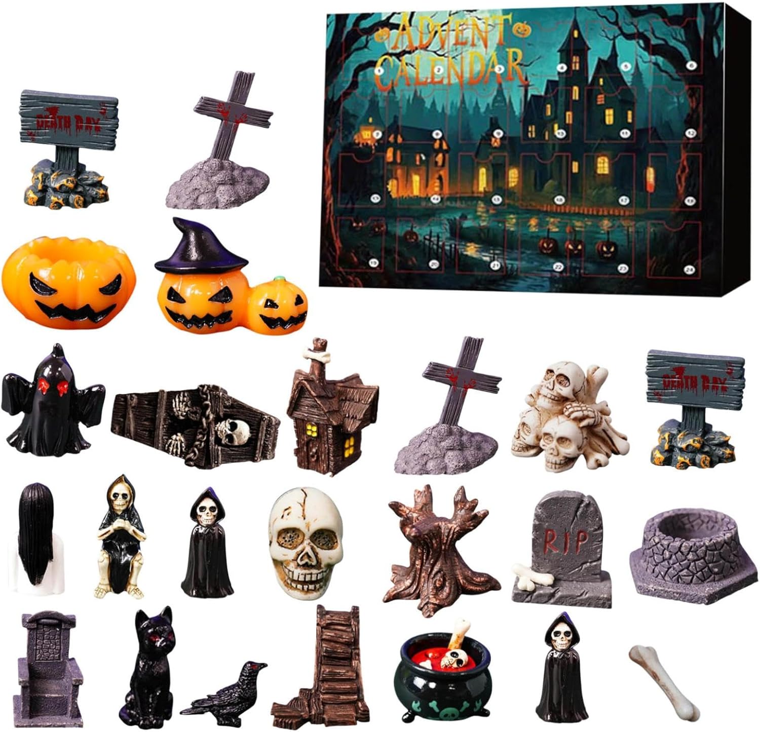 Skyrabbiter Halloween Advent Calendar 2025, 3D Scary Village Set with 24 Figures, 24 Days Countdown Calendar, Halloween Horror Figures, Funny Surprise Gift for Children (A)