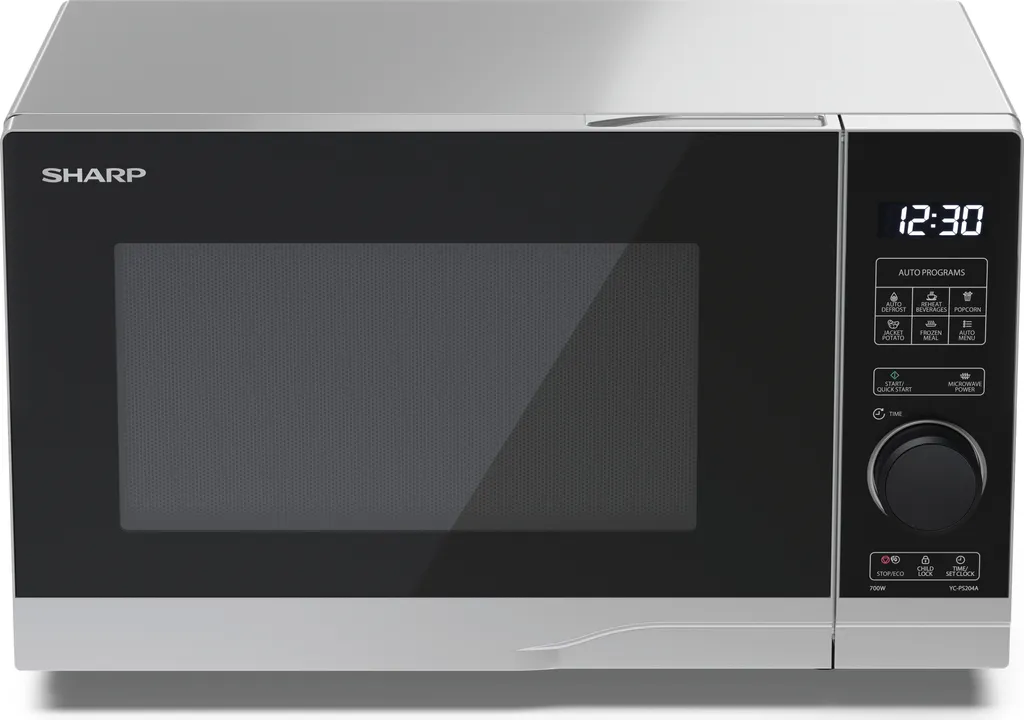 SHARP YC-PS204AE-S, 20-liter microwave, 700W, 10 power levels, semi-digital control, silver