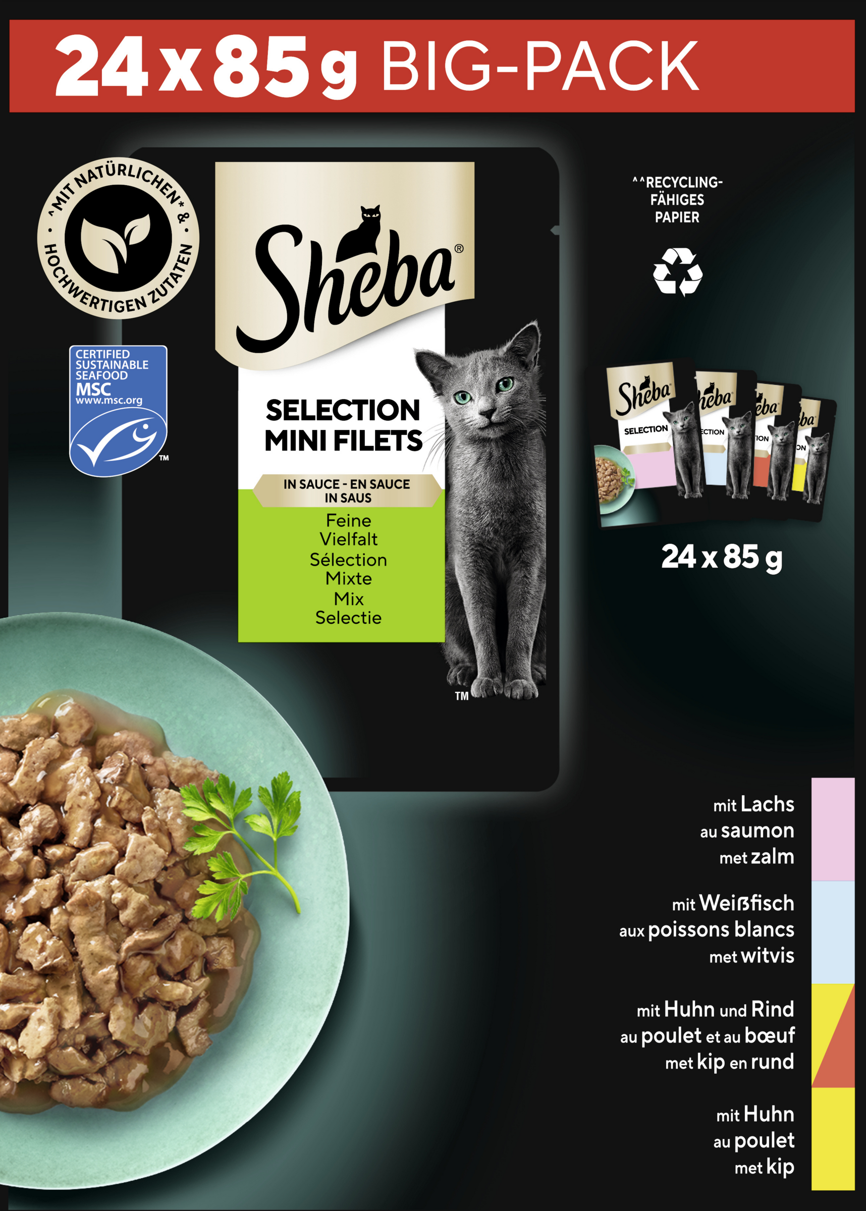 Sheba Selection Mini Fillets in Sauce: Salmon, Whitefish, Chicken & Beef and Chicken 2040g