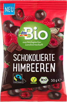 dmBio dark chocolate raspberries, 50 g