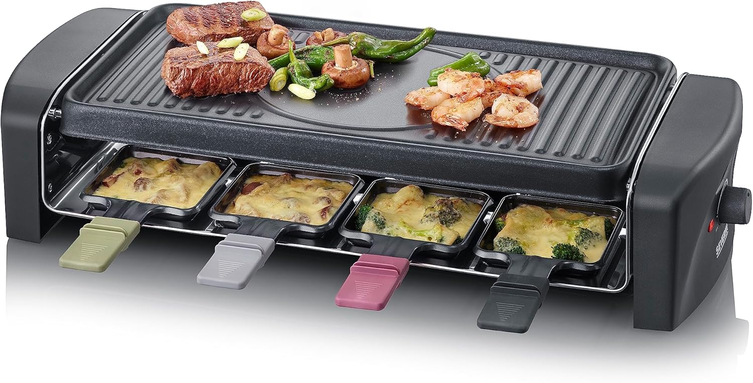 SEVERIN Raclette Grill, Raclette with Large Non-Stick Grill Plate and 8 Raclette Pans, Table Grill for up to 8 People, 1,400 W, Black, RG 9646