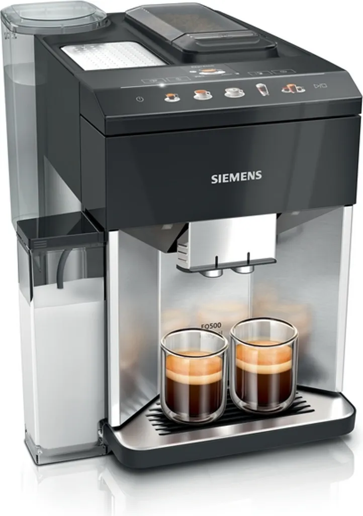 SIEMENS EQ500 TQ517D03 fully automatic coffee machine, intuitive color display, double cup function, integrated milk container, automatic steam cleaning, stainless steel.