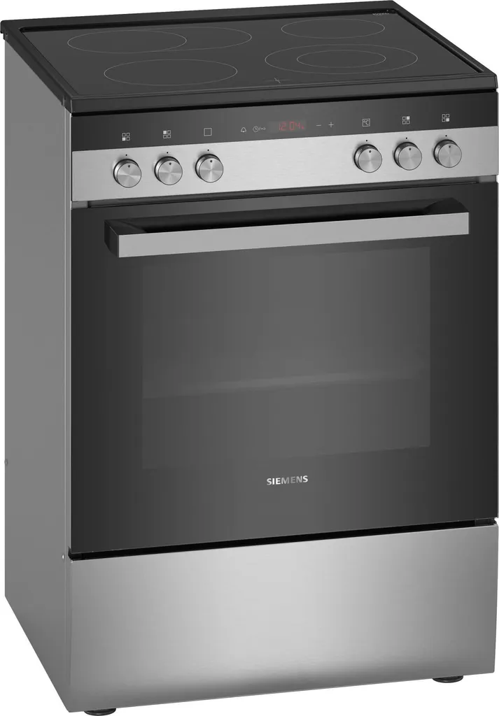 Siemens iQ300 electric freestanding cooker with glass ceramic hob, stainless steel, 66L capacity, retractable knobs