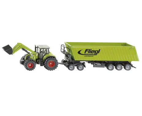 Siku Claas tractor with front loader, dolly and Fliegl tipper trailer, 1:50 415g