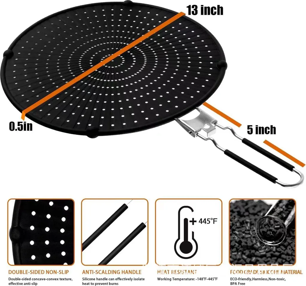 snq Silicone splatter guard for frying pan, 32 cm. Foldable silicone splatter guard, universal, collapsible pan splatter guard, food-grade silicone, suitable for cooking and frying.