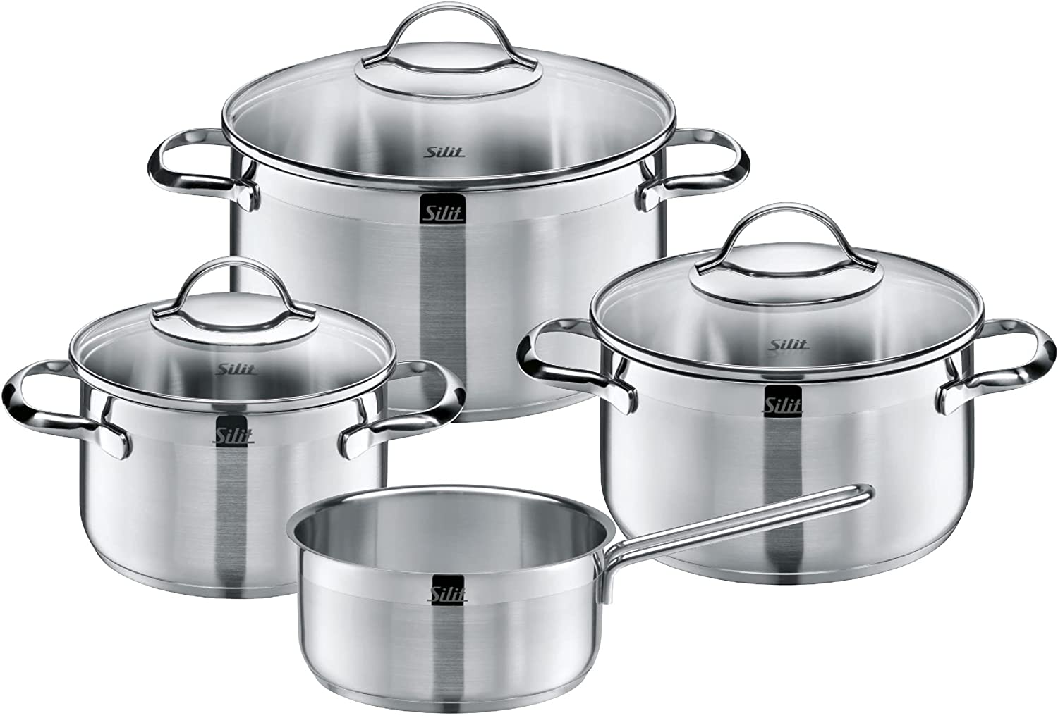 Silit 4-Piece Saucepan Set Meat Pot Casserole with Handle Agate Pouring Rim Glass Lid Polished Stainless Steel Suitable for Induction Cookers Dishwasher Safe