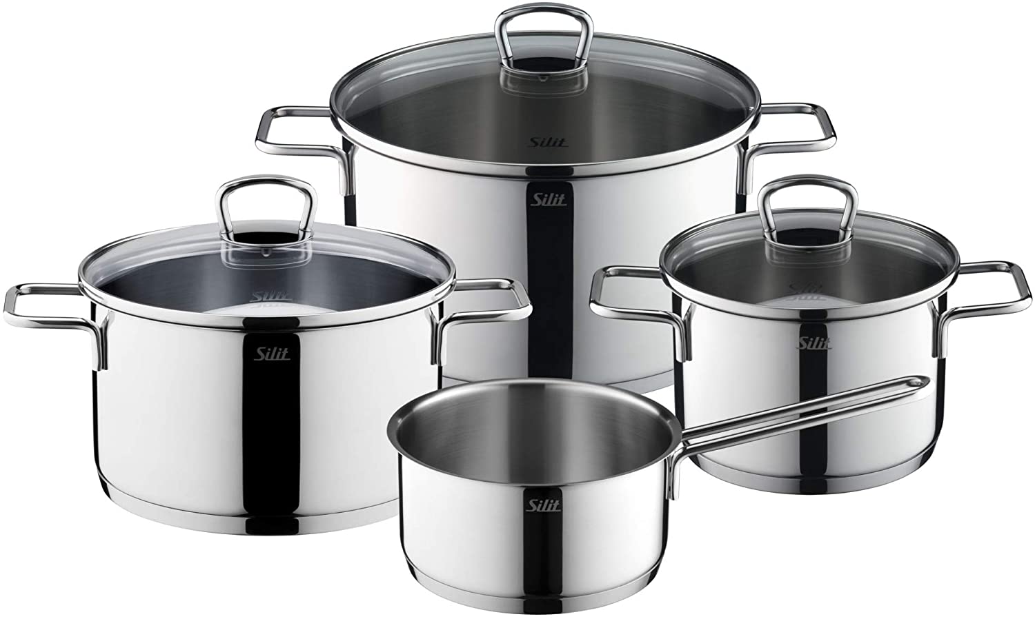 Silit Alicante Set of Saucepans with Glass Lid Polished Stainless Steel Suitable for Induction Cookers Dishwasher Safe