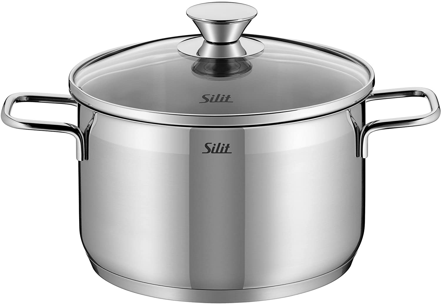 Silit Pisa High Saucepan in Polished Stainless Steel with Pouring Rim & Glass Lid, Induction & Dishwasher Safe
