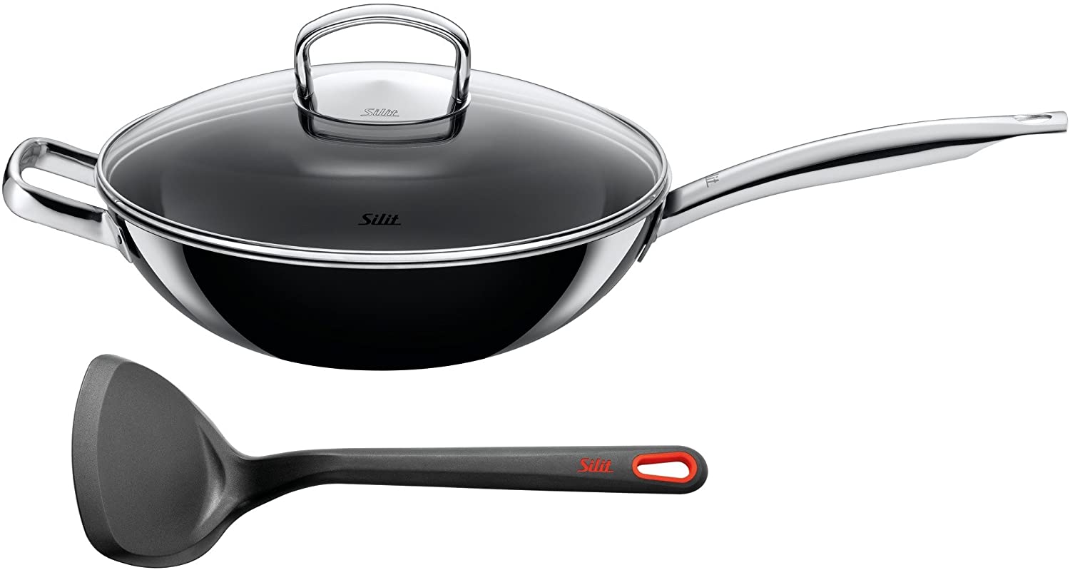 Silit Extra Line Wok Set of 2 Black Enamel Wok Wok Spatula Uncoated Diameter 28 cm