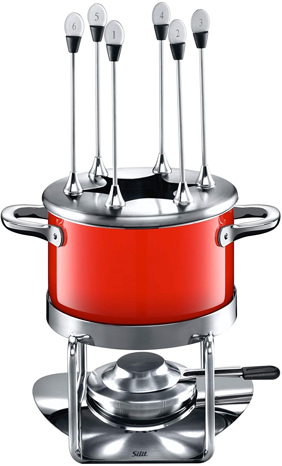 Silit Passion Red 10-Piece Fondue Set for 6 People Silargan Stainless Steel Suitable for Induction Dishwasher-Safe Fondue Pot Splash Guard Burner Fondue Forks